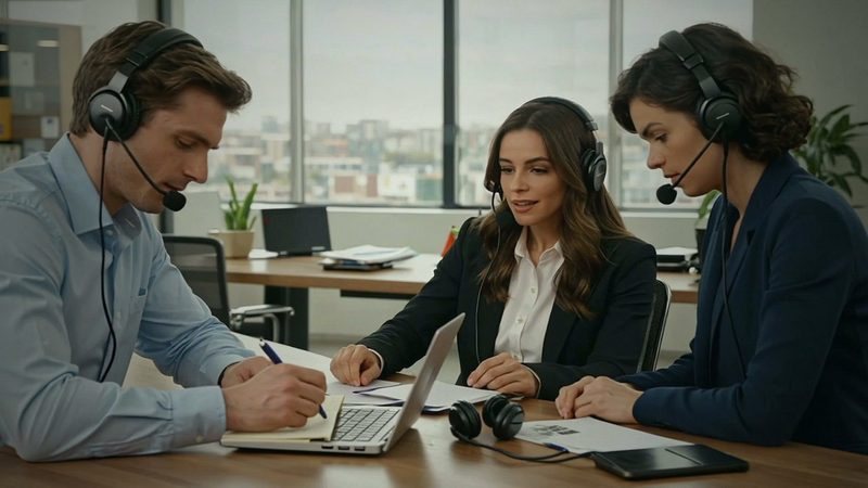 Trois personnes en réunion de travail dans un open space